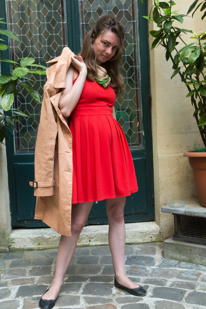 Red Dress, Trench Coat, Paris, green scarf, Never Fully Dressed, 