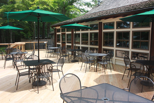 Enjoy dining outside on the new deck overlooking the lake at Douthat Lakeview Restaurant