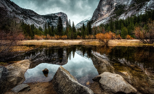 california park lake mountains reflections river mirror day cloudy cliffs national yosemite granite hdr