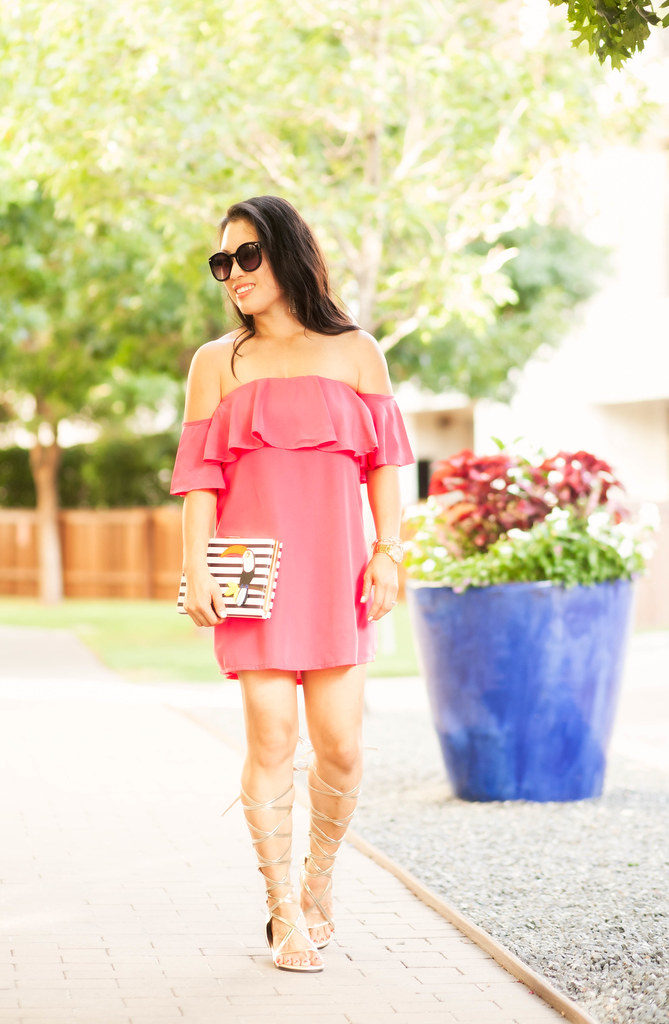cute & little blog | petite fashion | pink off-shoulder ruffle dress, kate spade toucan striped clutch, gold strappy gladiator sandals, baublebar statement earrings | spring summer outfit