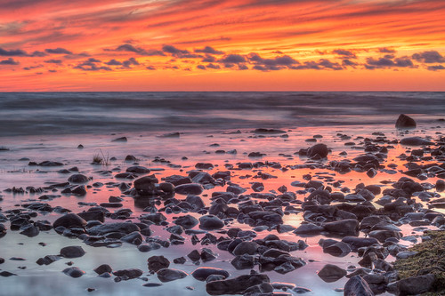 sunset orange lake beach water rocks long exposure purple huron hdr