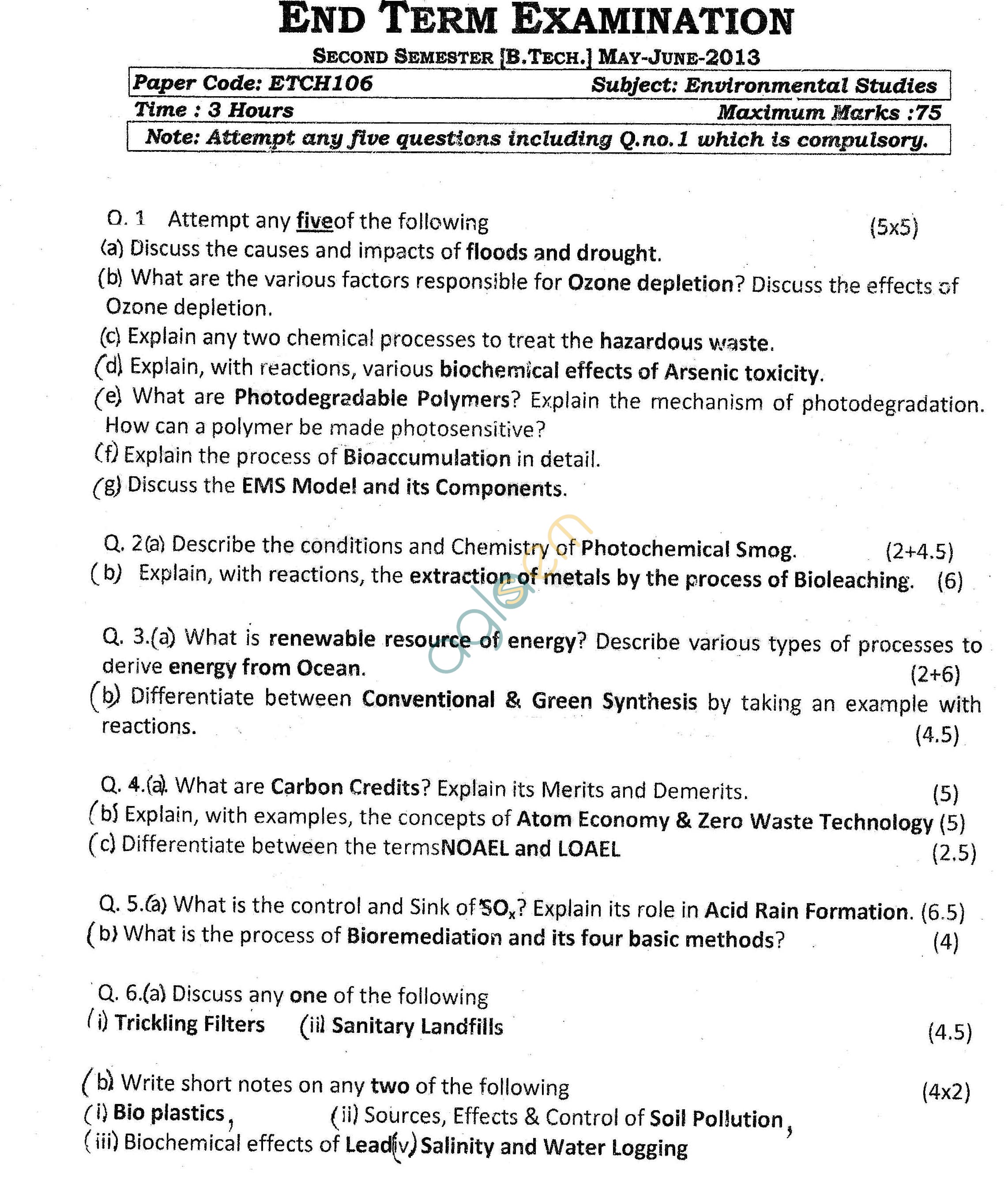 GGSIPU Question Papers Second Semester – End Term 2013 – ETCH-106