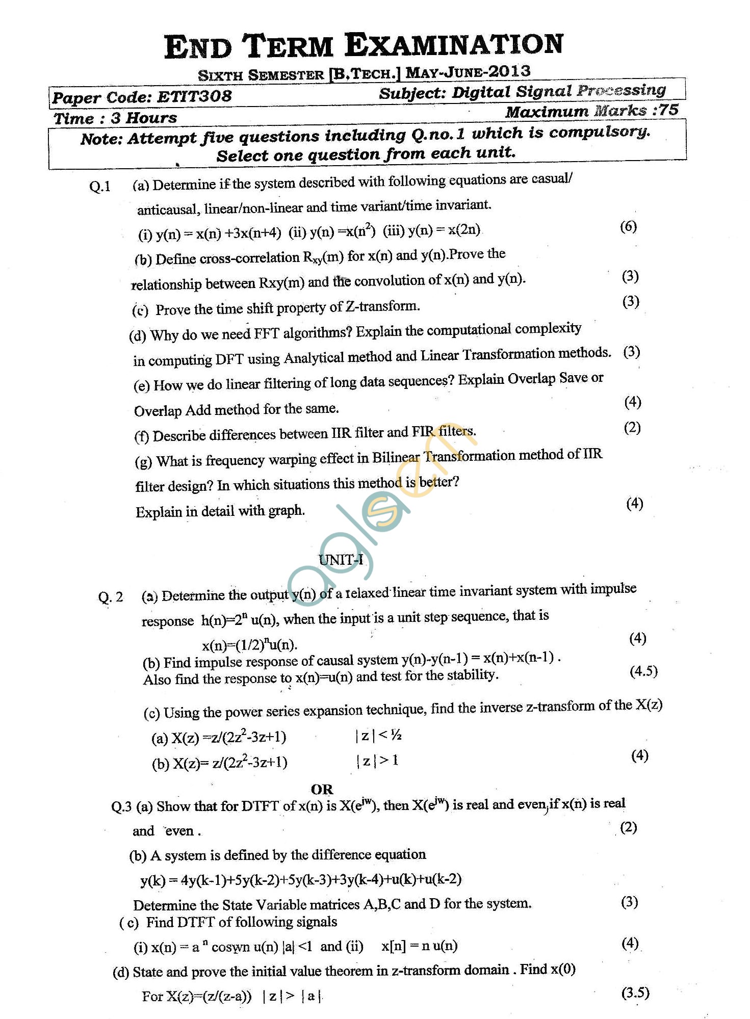 GGSIPU Question Papers Sixth Semester – End Term 2013 – ETIT-308