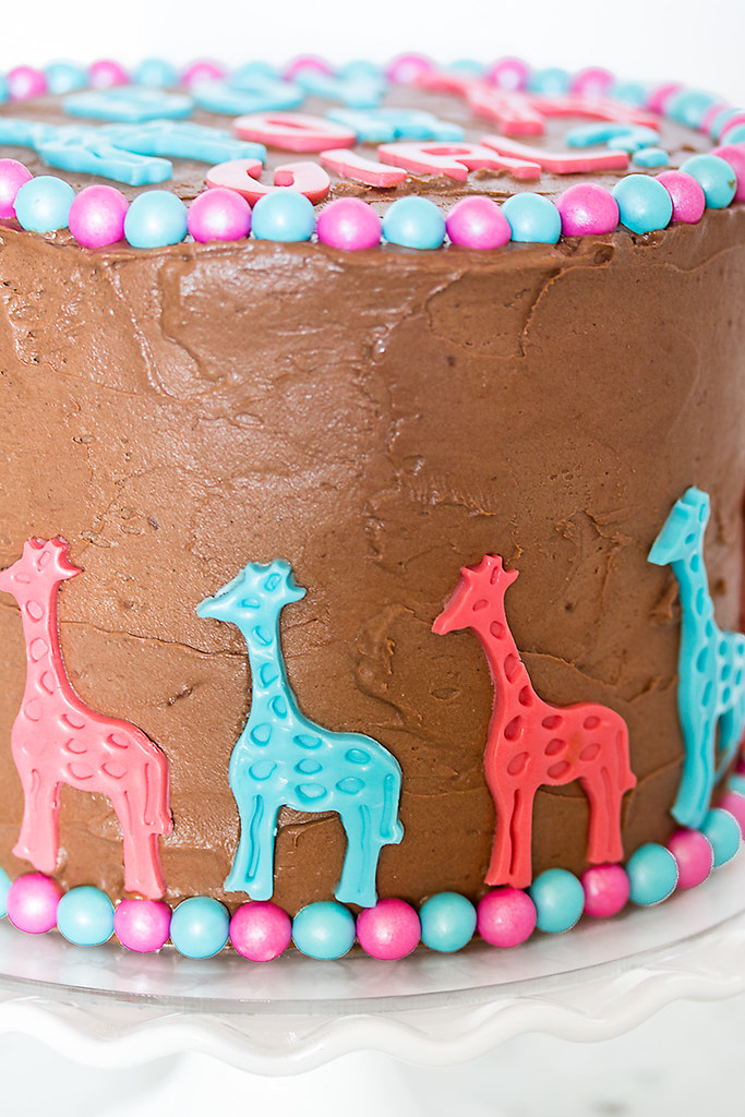 Triple Chocolate Baby Giraffe Gender Reveal Cake - chocolate cake, white chocolate mousse & double chocolate fudge frosting