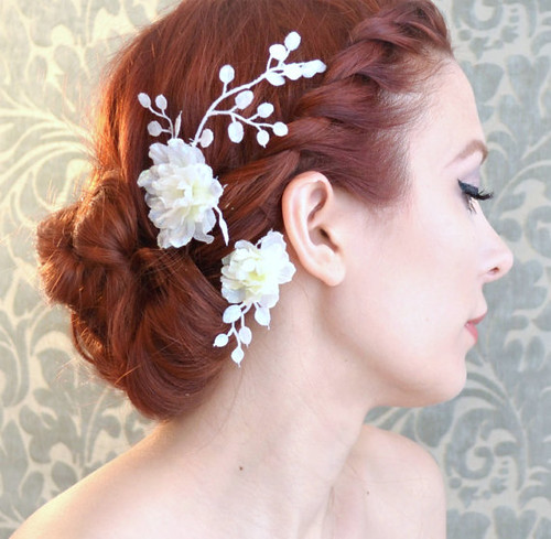 Wedding clip set, white flower hair pins, floral bobby pins, bridal hair, wedding hair accessories (2)
