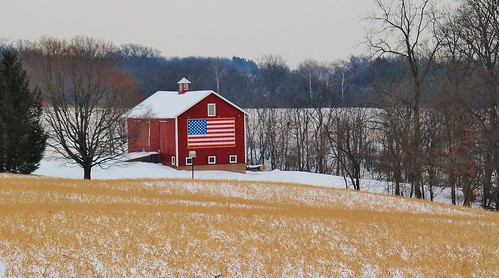 trees winter red snow field wisconsin barn rural canon landscape farm flag patriotic redwhiteandblue wi redbarn farmstead t2i