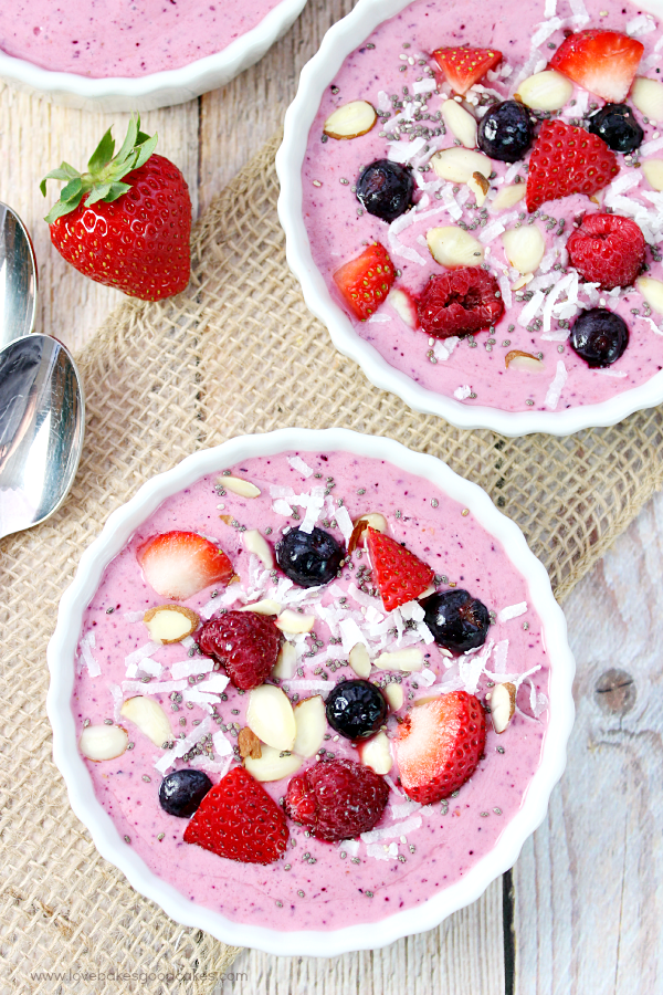 Mixed Berry Smoothie Bowls looking from the top down.
