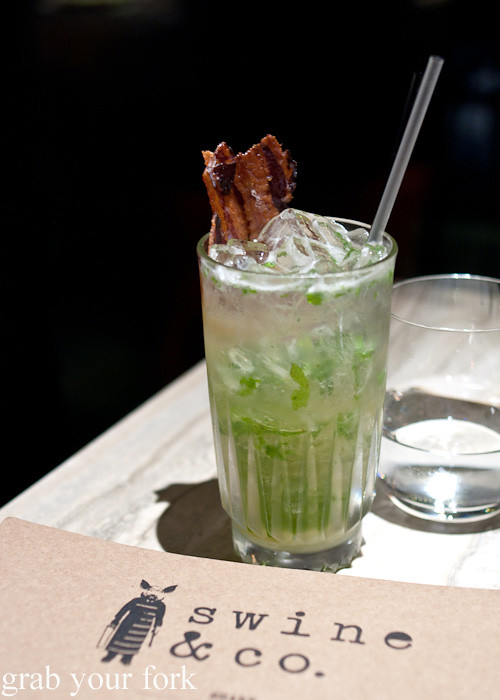 Swine smash cocktail with candied pancetta at Swine and Co, Sydney