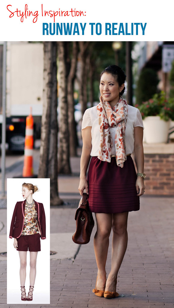 burgundy floral scarf, burgundy oxblood full skirt, white chiffon shirt, shoemint elise tan bow pumps outfit #ootd