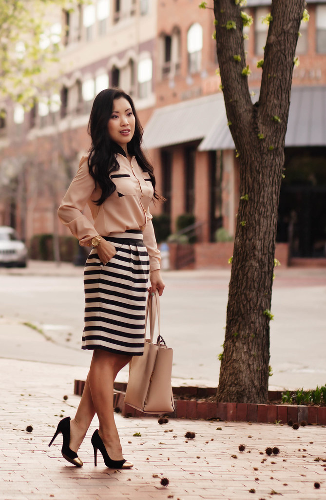 cute & little blog | petite fashion | sammydress pink contrast collar chiffon shirt, striped skirt | spring outfit