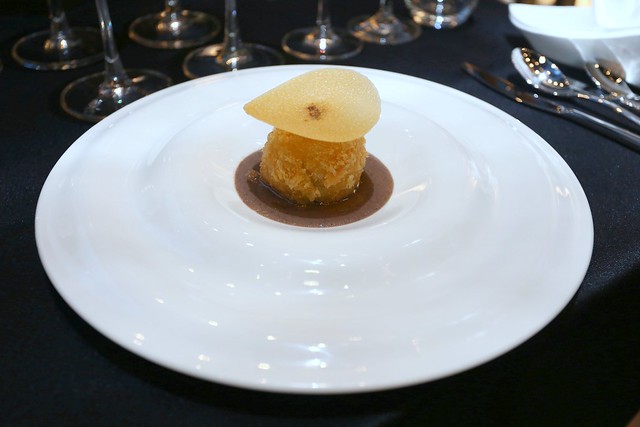 Foie Gras Croquette, Truffle and Mushroom Sauce with a Parmesan Tuile