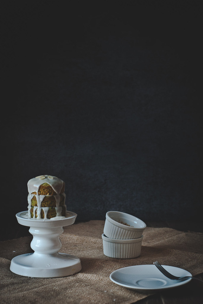Matcha miniature layer cake with coconut glaze.