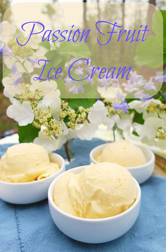 Three bowls of passionfruit ice cream with flowers in the background.