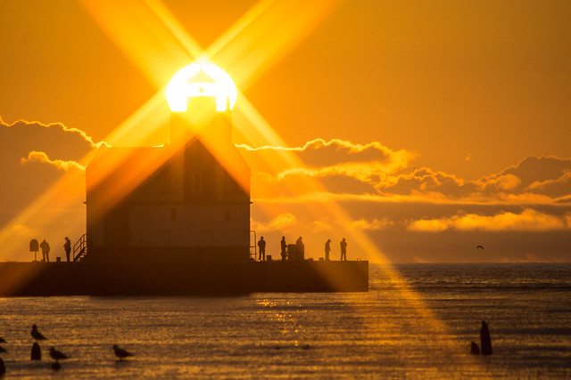 Sunrise, Sunset, Lighthouse, Kewaunee, Lake Michigan, Sunbeams