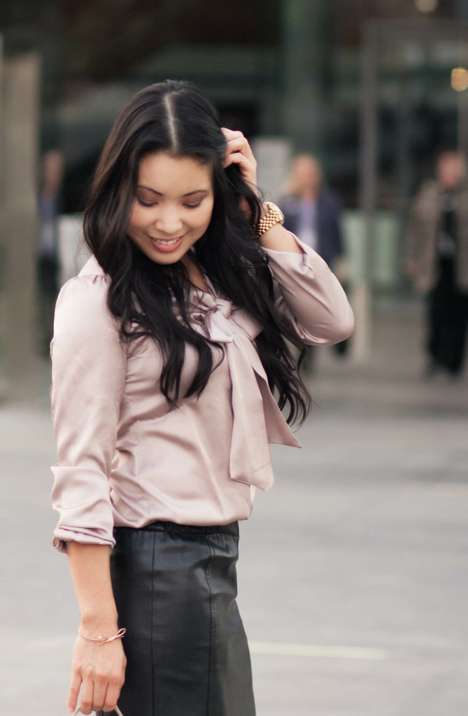 cute & little blog | pink bow top, leather pencil skirt, fall trend, outfit, petite fashion