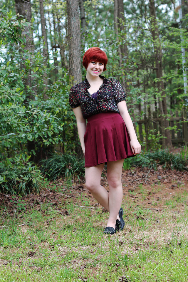 Black Floral Top, Maroon Skater Skirt, & Studded Loafers | Petite Panoply