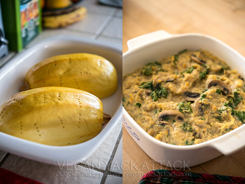 A filling and delicious, Mushroom Lentil Spaghetti Squash Casserole that is low on fat and high on protein and fiber!