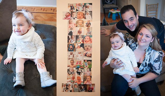 Collage of Agatha sitting on an ottoman dressed in all white, a photo collage shaped like a number one the birthday girls age and my husband and I with Agatha