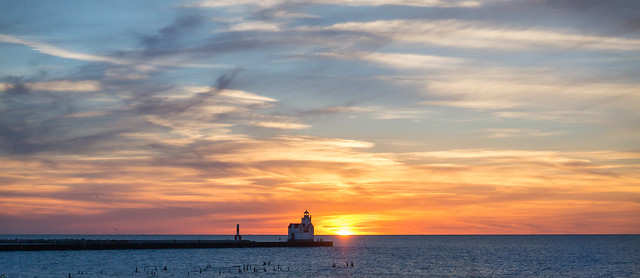 Lighthouse, Kewaunee, Wisconsin, Sunrise, Panorama, Clouds, Sunset, Colorful Sky