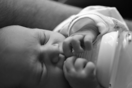 Baby with bottle (bw)