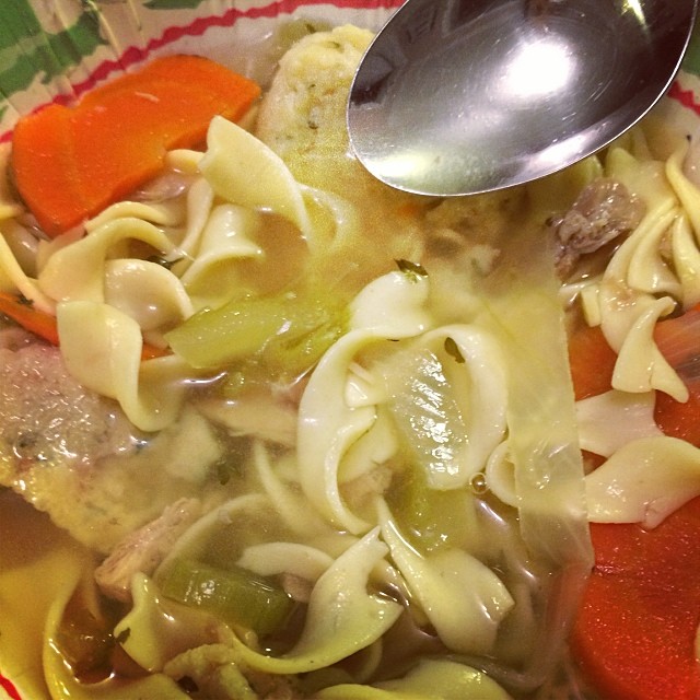 #dinner tonight was chicken noodle soup with matzoh balls from #toojays - so good for this stupid cold. Being sick sucks. So glad my mom brought me lunch and soup today!