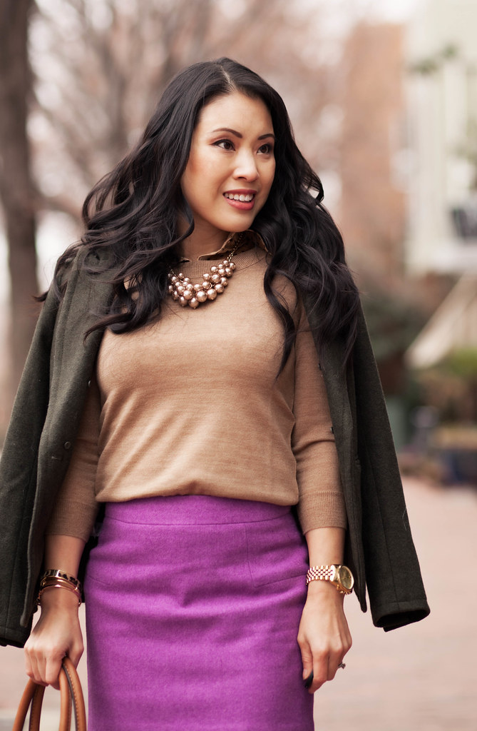 cute & little blog | olive wool blazer, polka dot camel sweater layering, radiant orchid mini skirt, pearl cluster statement necklace, michael kors bromley brown over the knee otk boots | winter outfit