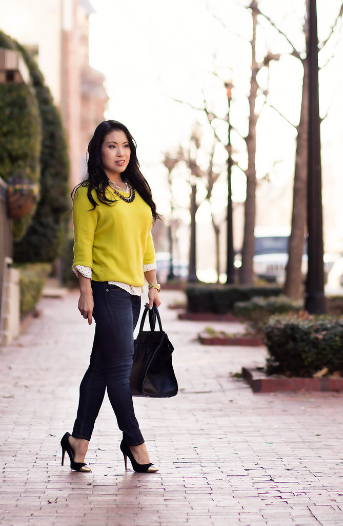 cute & little blog | neon yellow sweater, black white polka dot shirt, rag bone skinny jeans, celine | spring outfit