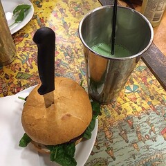 A Cow Jumped Over The Moon burger and spearmint shake.
