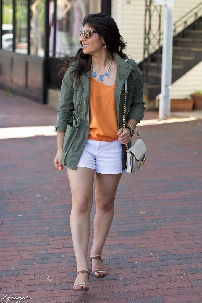 orange blouse, white shorts, utility jacket.jpg