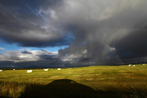 travel blue shadow summer vacation sky color travelling green tourism field car rain weather horizontal clouds canon landscape outdoors photography photo iceland rainbow scenery view jeep 4x4 meadow august nopeople hay patch plain stacks rangarvallasysla 5dmkii