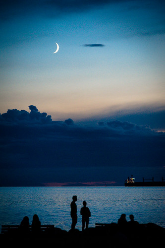 ocean summer sky people moon water night vancouver clouds boats lights twilight silhouettes englishbay bluehour benches crescentmoon bluechameleon sharonwish bluechameleonphotography
