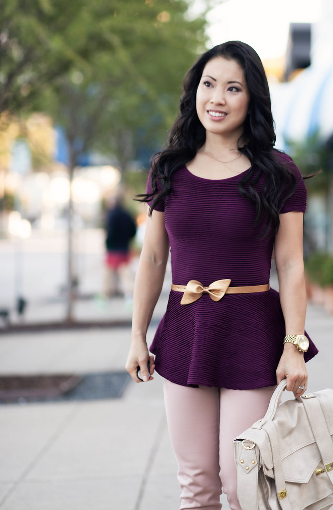 cute & little blog | purple peplum, gold bow belt, pink pants outfit #ootd