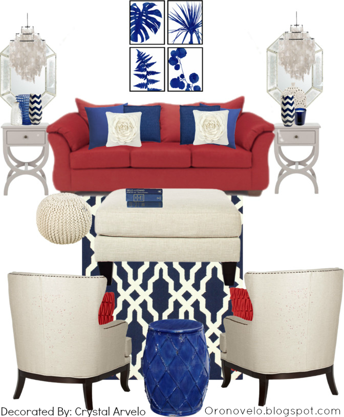 red couch with blue decor
