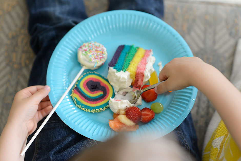 Rainbow layer cake, rainbow cookies and cake pops