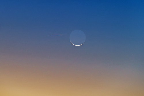 sunset moon flying high jet minimalism shortly