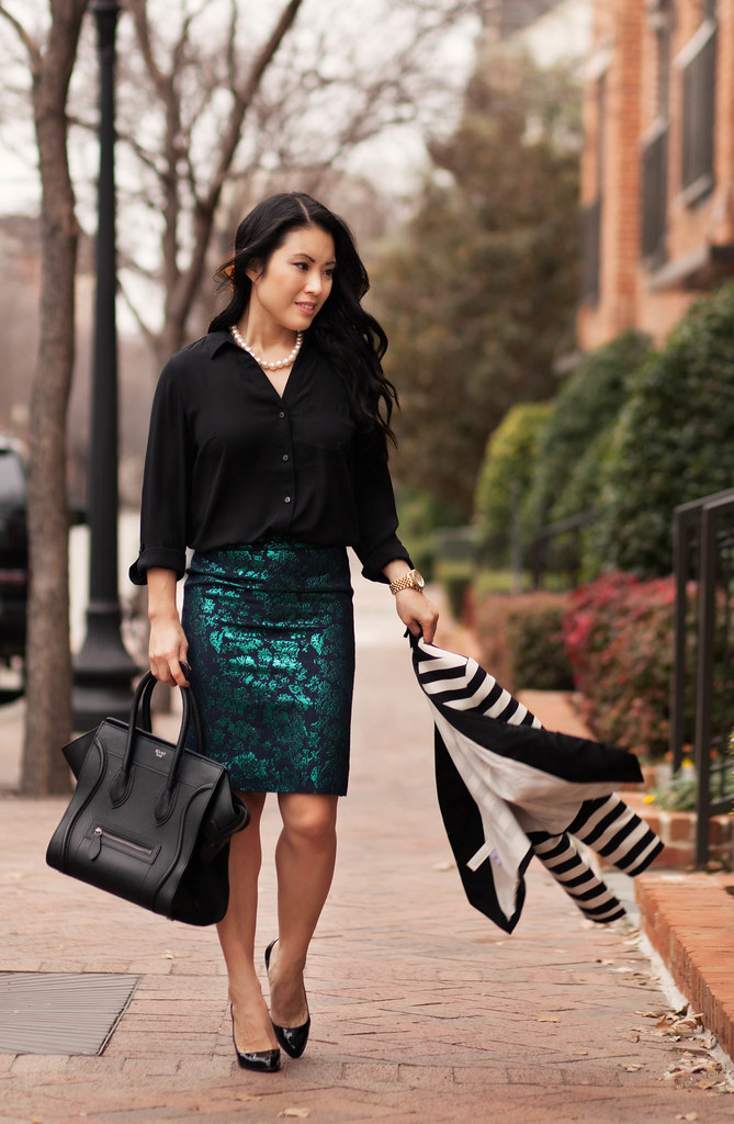 cute & little blog | pattern mixing outfit | striped blazer, floral brocade skirt, black silk shirt, pearl necklace