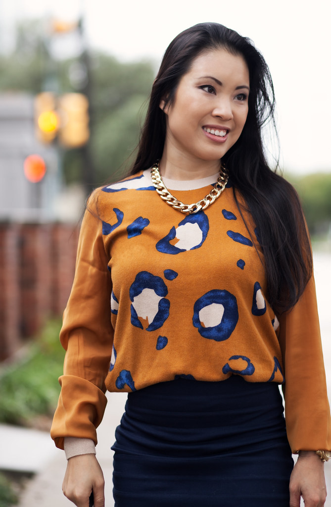 cute & little blog | phillip lim x target leopard sweater, express navy bandage skirt, navy pumps, gold chain necklace outfit #ootd