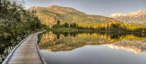 lake canada mountains reflection forest bc boardwalk pemberton
