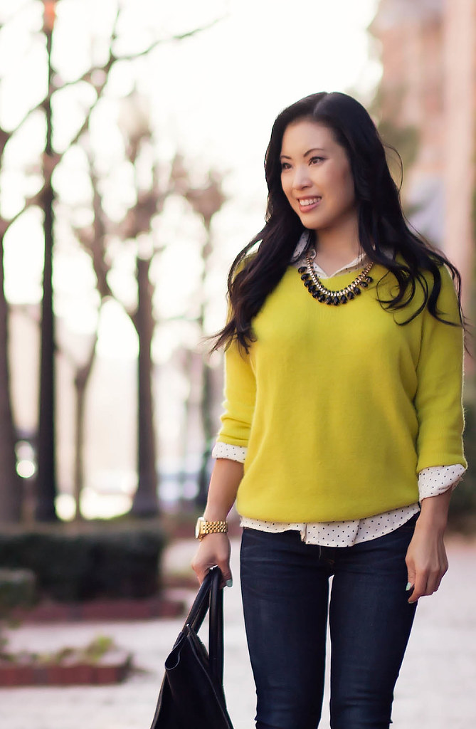 cute & little blog | neon yellow sweater, black white polka dot shirt, rag bone skinny jeans, celine | spring outfit