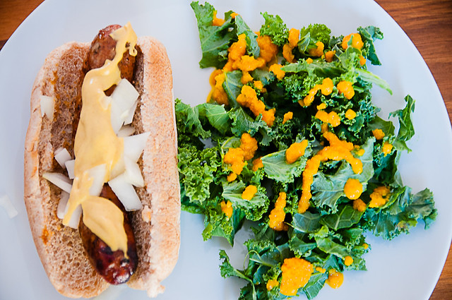 sausage with kale and carrot ginger dressing