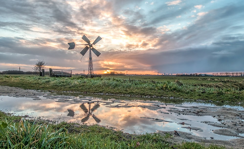 nederlandvandaag middendelfland clouds fence grasland grass polder puddle rainwater reflection sundawn sunrise windmill windpump weidemolen