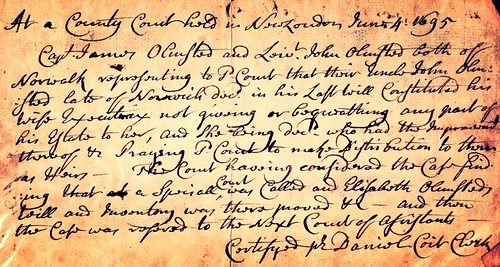 1695 New London Special Court Elizabeth Olmsteds Certfied Daniel Coit Clerk