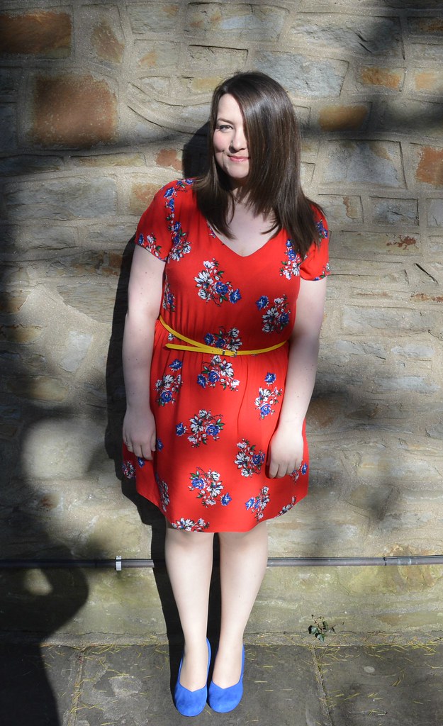 This is a picture of a new look red floral dress