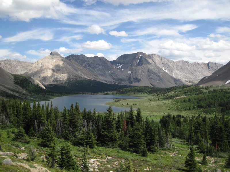 Mount Saint Bride, Lychnis Mountain, and Tilted Mountain beyond Baker Lake on the Skoki Lakes Trail