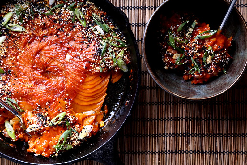 Baked Sweet Potato with Gochujang and Peanut Butter Sauce