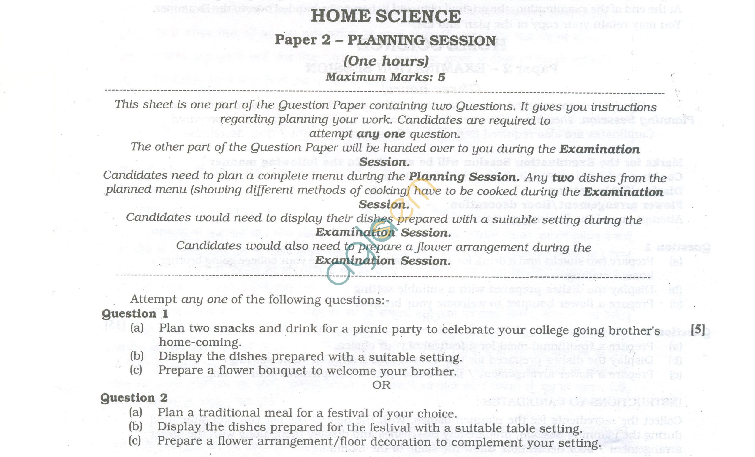 ISC Question Papers 2013 for Class 12 - Home Science Planning Session
