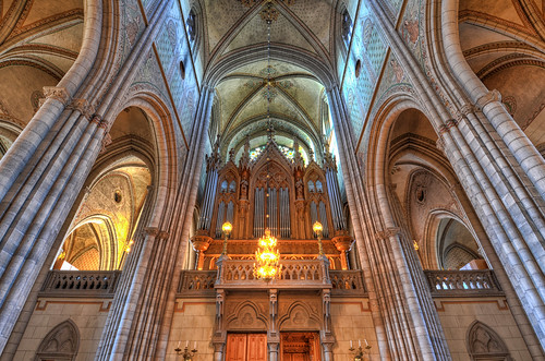 church architecture sandstone candles doors cathedral sweden interior basilica gothic goth arches organ nave chandelier instrument uppsala vault sverige lamps arcades hdr balustrade pointed domkyrka revival aisles
