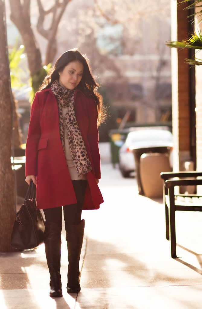 cute & little blog | red wool coat, leopard scarf, lululemon black wunder under tights, vince camuto bedina otk boots outfit