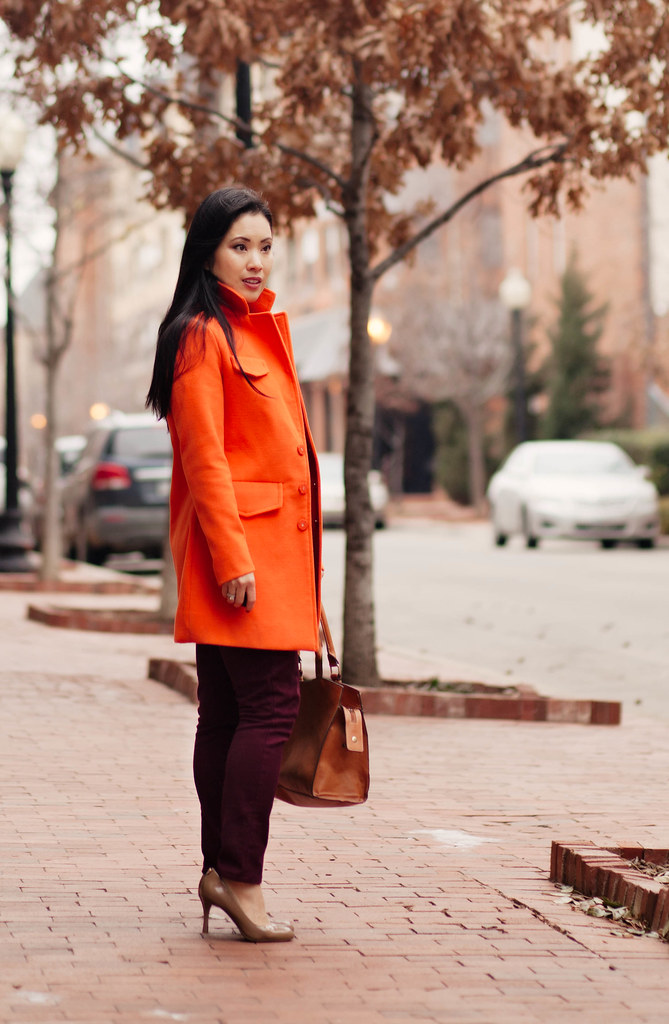 cute & little blog | bright winter outfit | orange coat, maroon top, burgundy pants