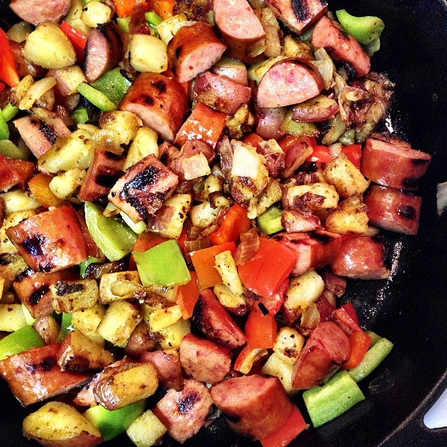 Spicy kielbasa, red potatoes, onion, red bell pepper and green bell pepper